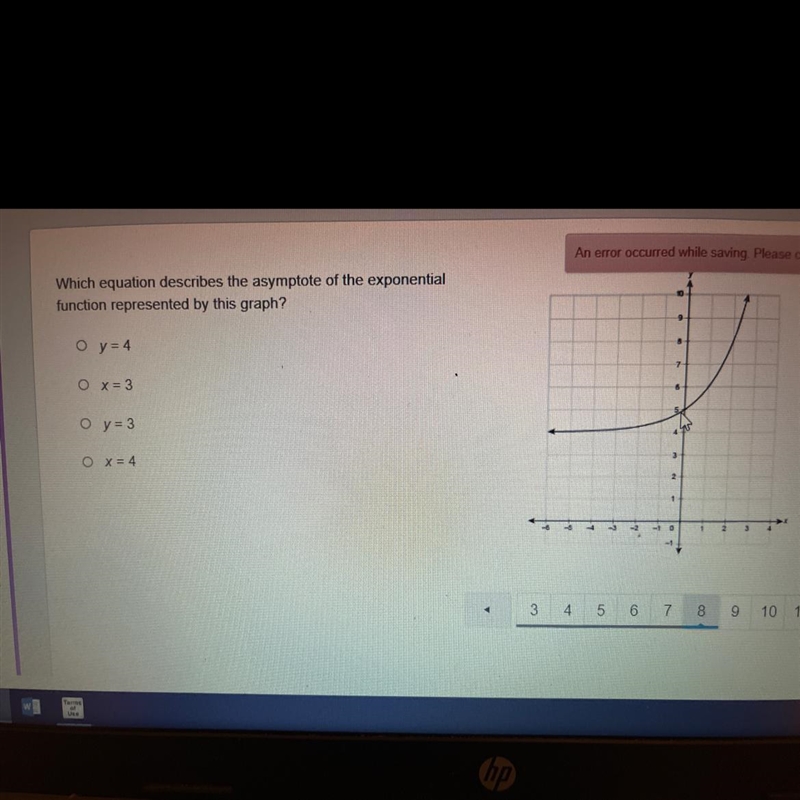 Which equation describes the asymptote of the exponential function represented by-example-1