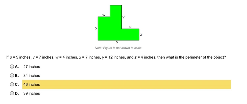 If u = 5 inches, v = 7 inches, w = 4 inches, x = 7 inches, y = 12 inches, and z = 4 inches-example-1