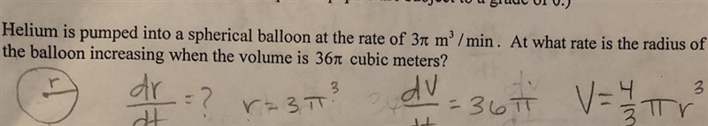 Helium is pumped into a spherical balloon at the rate of 3pi * m ^ 3 / min . At what-example-1