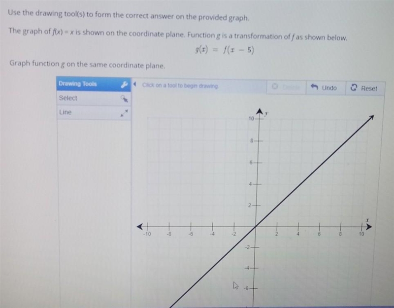 the graph of f(x)=x is shown on the cooridinate plane. function g is a transformation-example-1