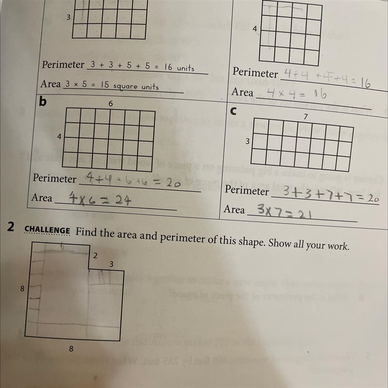 CHALLENGE Find the area and perimeter of this shape. Show all your work. The challenge-example-1