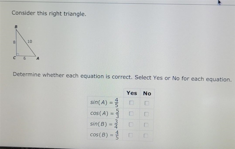 Consider this right triangle Determine whether each equation is correct.-example-1