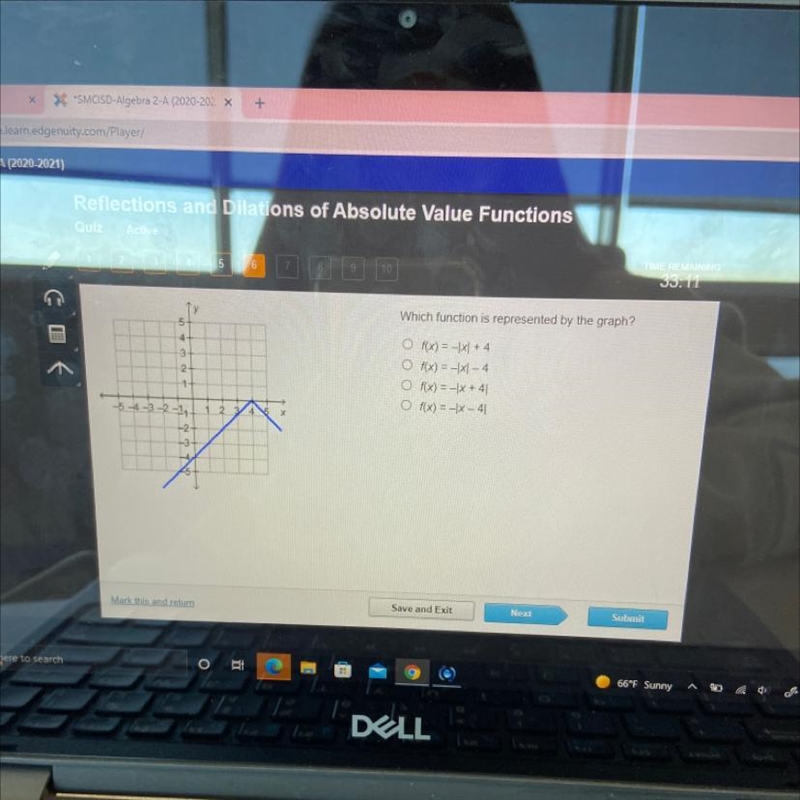 Which function is represented by the graph? A. F(x) = -|x| + 4 B. F(x) = -|x| - 4 C-example-1