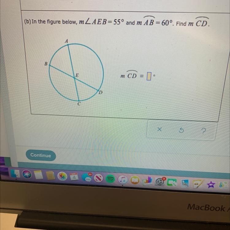 (b) In the figure below, m 2AEB= 55° and m AB = 60°. Find m CD. m CD =-example-1