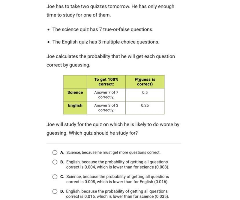 Joe has to take two quizzes tomorrow. He has only enoughtime to study for one of them-example-1