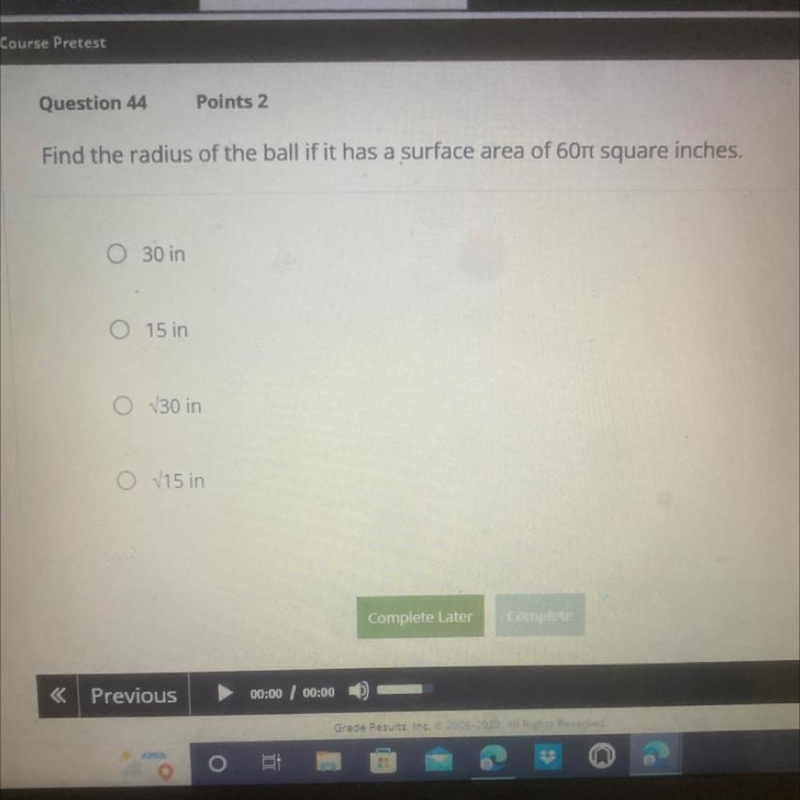 Find the radius of the ball if it has surface area of 60 pi square inches-example-1