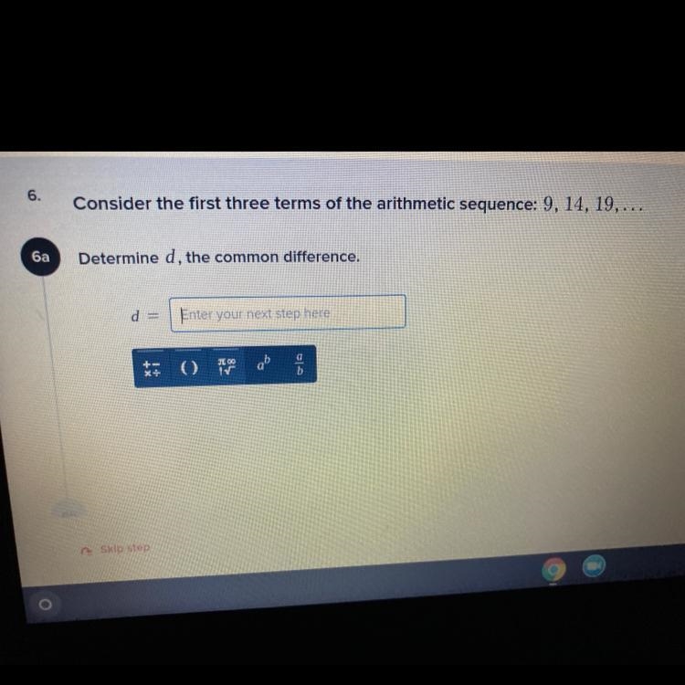 Consider the first three terms of the arithmetic sequence 9,14,19Determine d , the-example-1