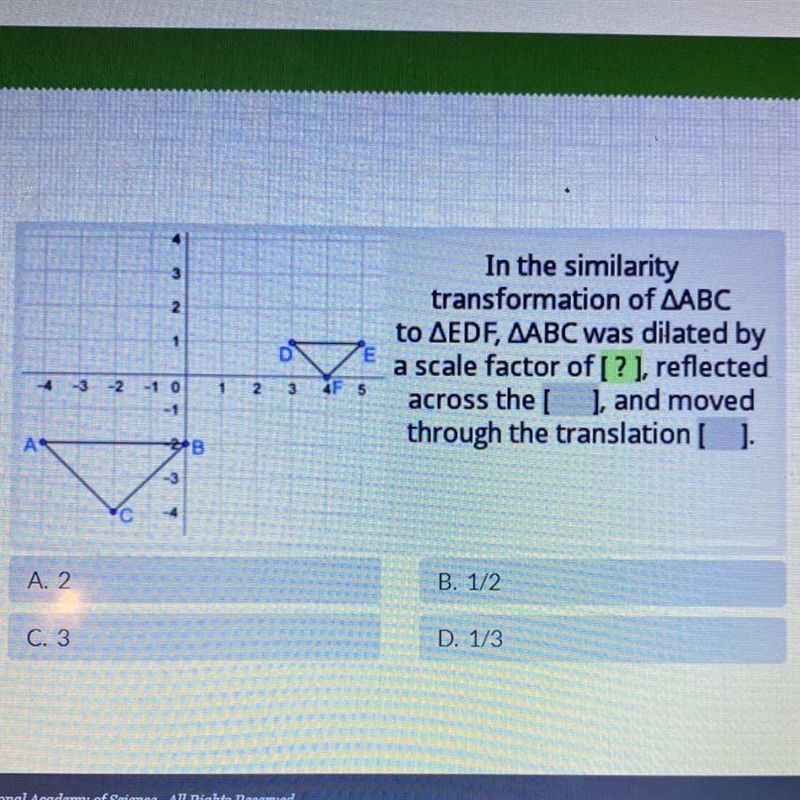 In the similarity transformation of ABC to EDF, solve for dilation-example-1