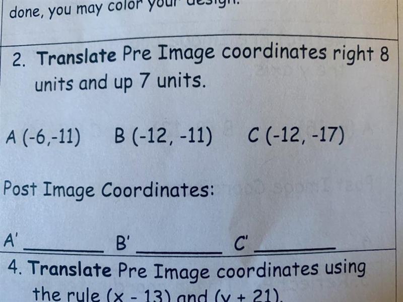 Translate Pre Image coordinates right 8 units and up 7 units.-example-1