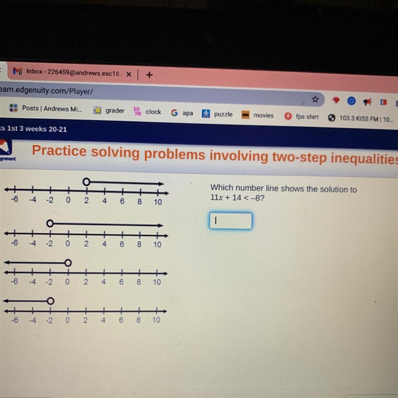 AWhich number line shows the solution to11x + 14 <-8?-20246810B-6-4-2.0246810OC-example-1