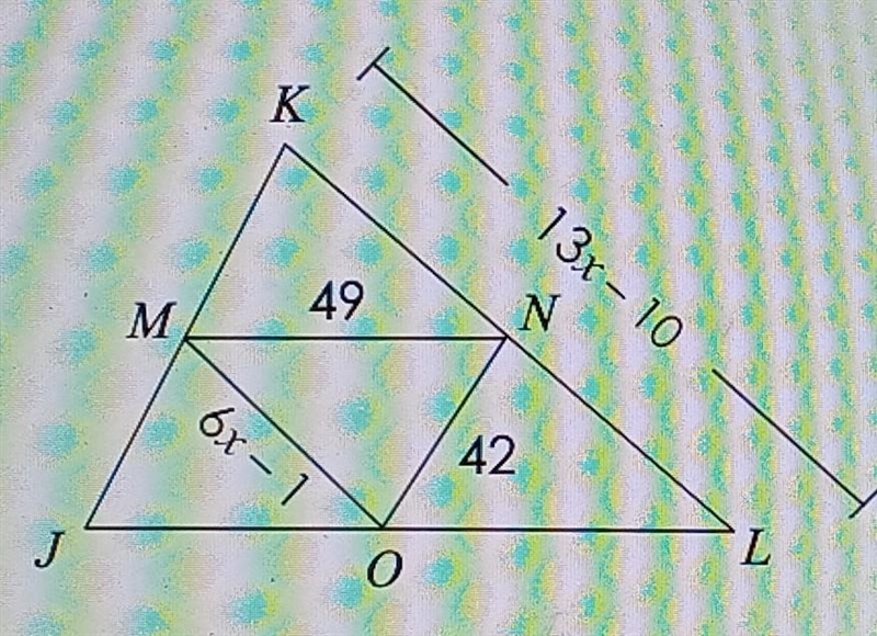 If MN, NO and MO are midsegments, find the perimeter of triangle JKL.-example-1