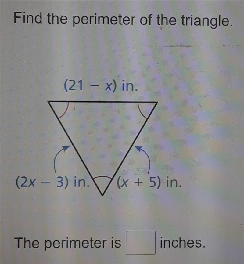 Find the perimeter of the triangle.​ The perimeter is ? inches-example-1