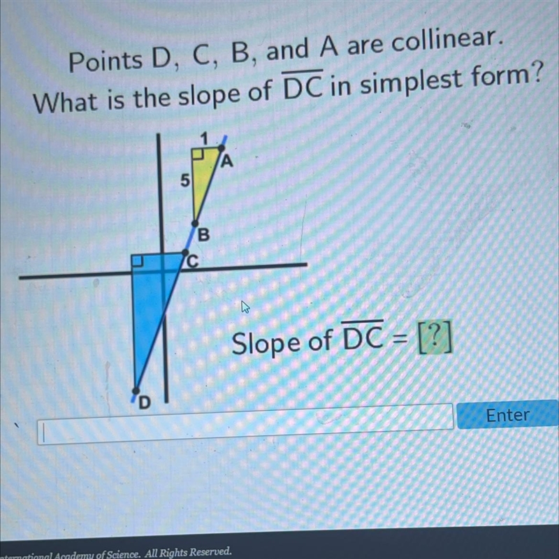 Points D, C, B, and A are collinear.What is the slope of DC in simplest form?A5BICSlope-example-1