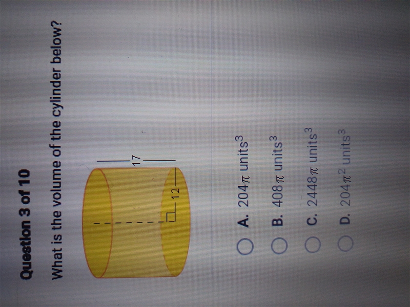 What is the volume of the cylinder below? A. 204m units B. 408 units 3 C. 2448x units-example-1