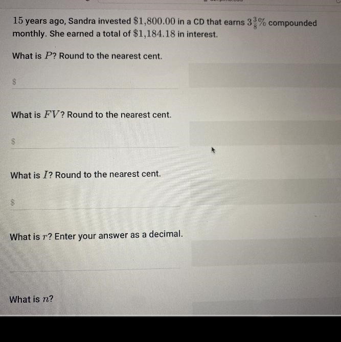 For this problem identify P, FV, I, r, n, and t.-example-1