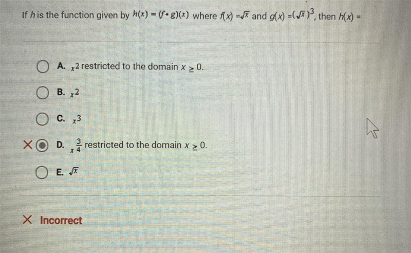 If h is the function given by h(x) = (f•g)(x) where f(x) =(sqrtx)^3, then h(x) =-example-1