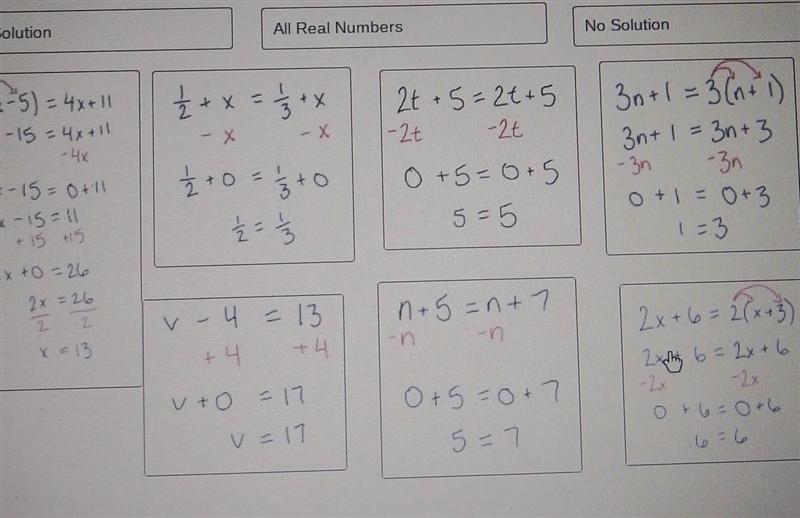 Group the equations based on weather there is one solution, or a solution of all real-example-1