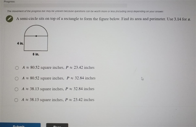 A semi circle sits on top of a rectangle to form the figure below. Find the area and-example-1