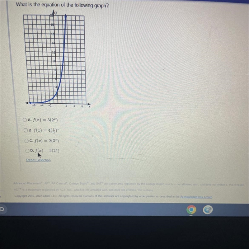 What is the equation of the following graph?theOA. f(x) = 3(2^x)OB. f(x) = 4(1)Oc-example-1