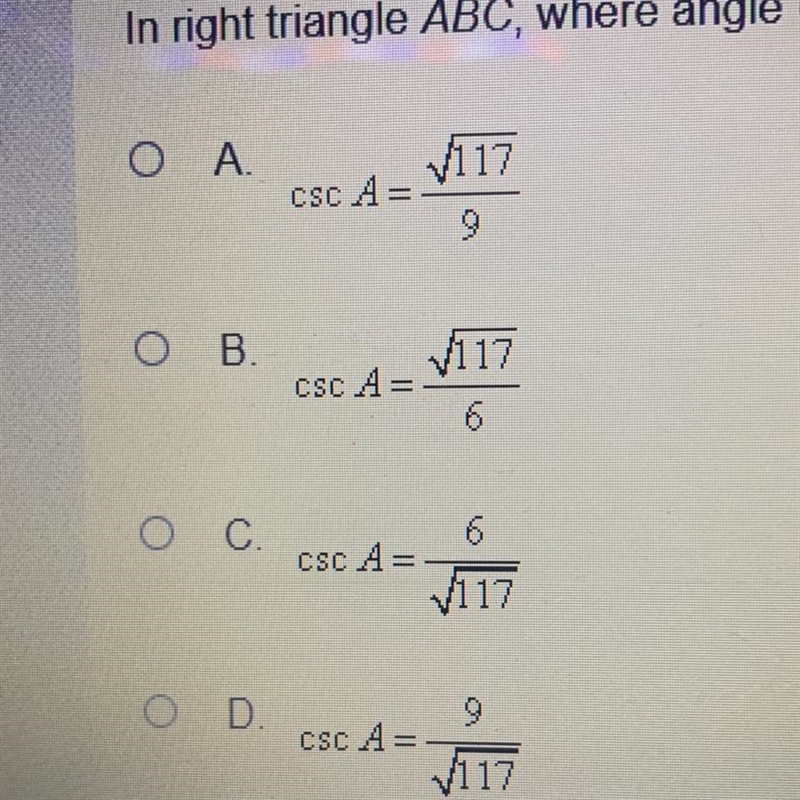 In right triangle ABC, where angle C is the right angle, sec B = sqrt117/9 Find csc-example-1