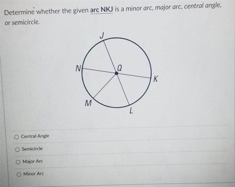 Determine whether the given arc NKJ is a minor arc, major arc, central angle, or semicircle-example-1