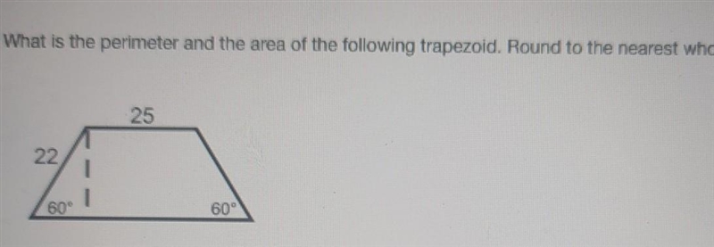 What is the perimeter and the area of the following trapezoid. Round to the nearest-example-1