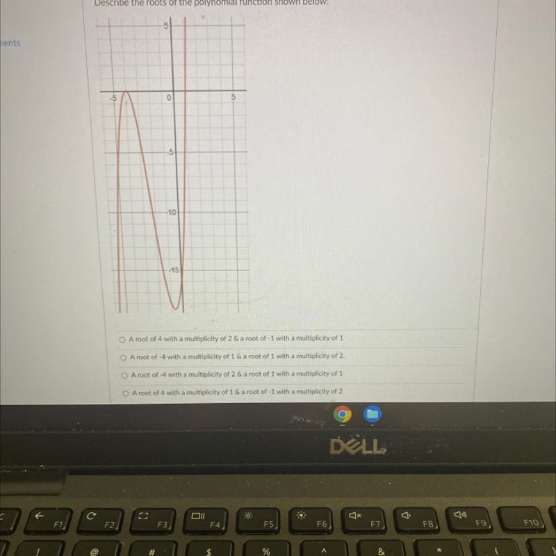 Describe the root of the polynomial function shown below A. A root of 4 with a multiplicity-example-1