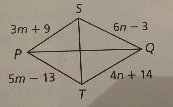 PQ is perpendicular bisector if ST. Find the values of m and n.-example-1