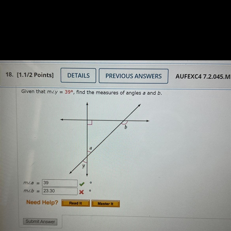 Find the measure of angles a and b-example-1