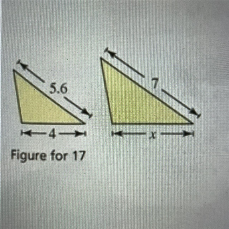 find the length x of the side of the larger triangle shown in the figure at the left-example-1