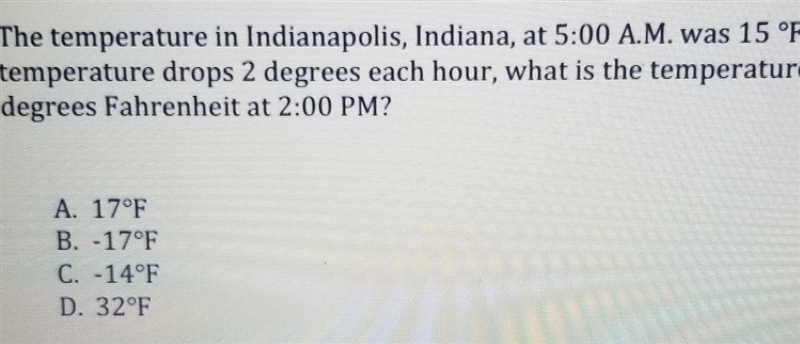 2. The temperature in Indianapolis, Indiana, at 5:00 A.M. was 15 °F. If the temperature-example-1