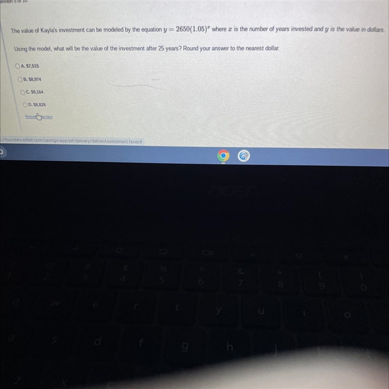 The value of Kayla's investment can be modeled by the equation y = 2650(1.05) where-example-1