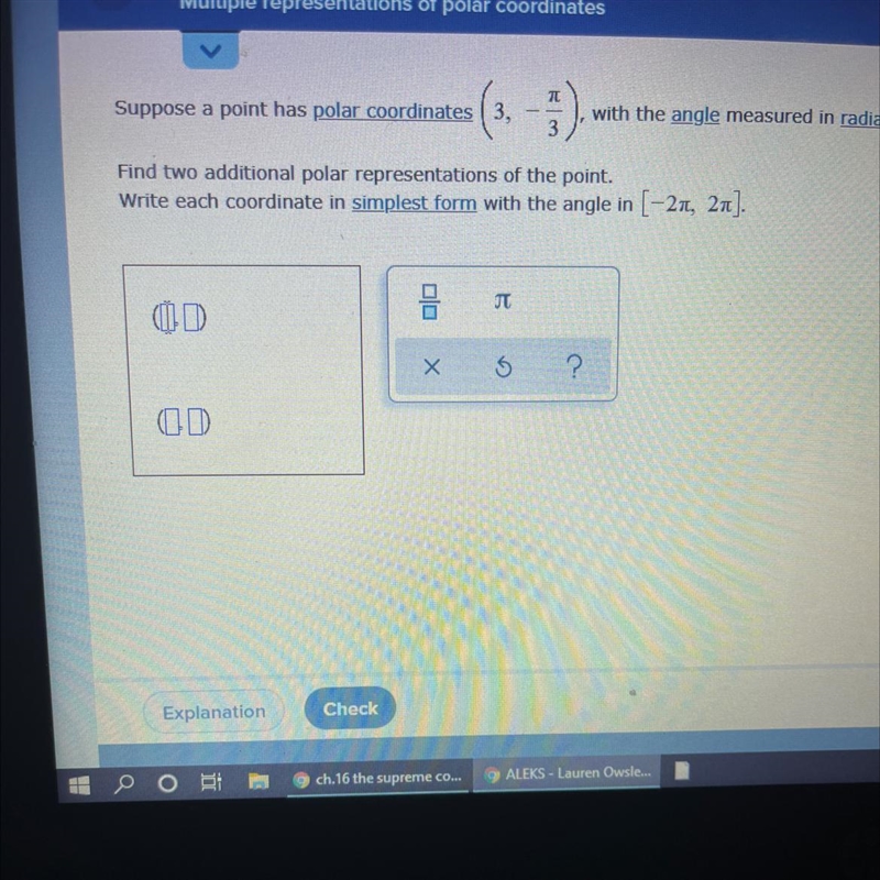 Suppose a point has polar coordinates (3,-pi/3)with the angle measured in radians-example-1