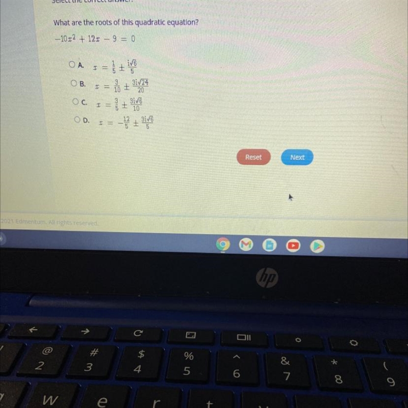 What are the roots of this quadratic equation?-10.x2 + 12x – 9 = 0Ο Α.r=OB.ivo5+3iv-example-1