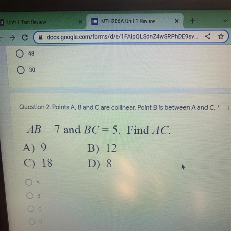 AB= 7 and BC= 5. Find AC. - A) 9 B) 12 D) 8 C) 18-example-1