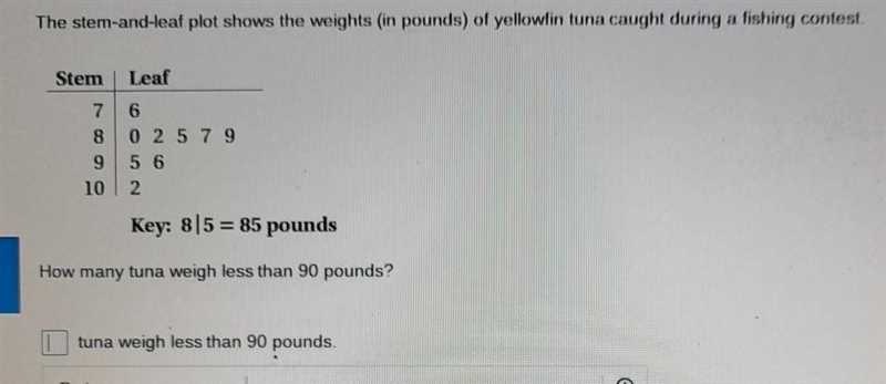 The stem-and-leaf plot shows the weights (in pounds) of yellowfin tuna caught during-example-1