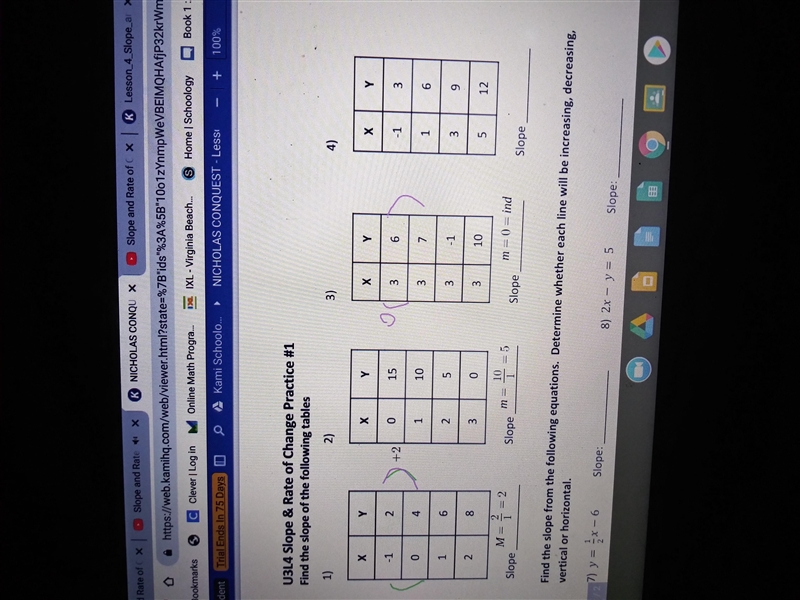 U3L4 Slope & Rate of Change Practice #1 Find the slope of the following tables-example-1