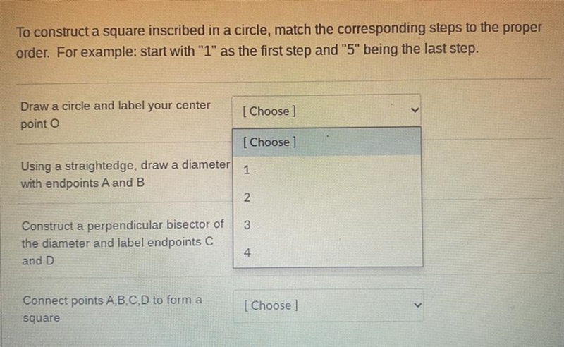 To construct a square inscribed in a circle, match the corresponding steps to the-example-1