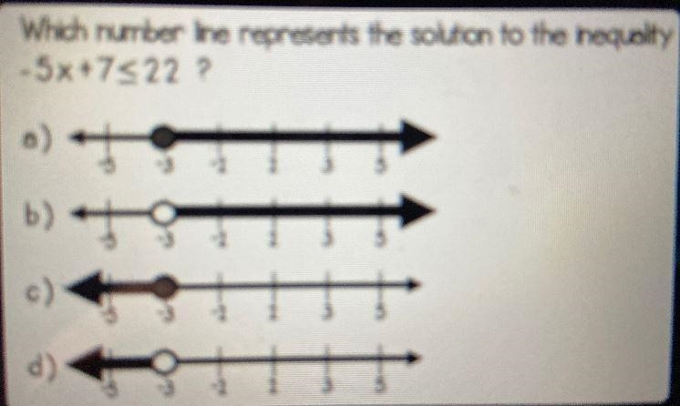 Which number line represents the solution to the inequality -5x + 7 < 22?بع-example-1