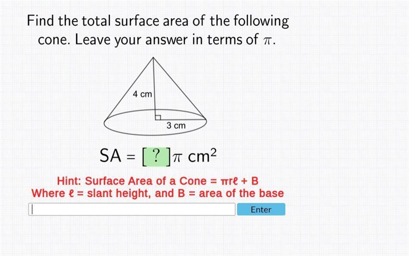 Find the total surface area of the following cone. leave your answers in terms of-example-1