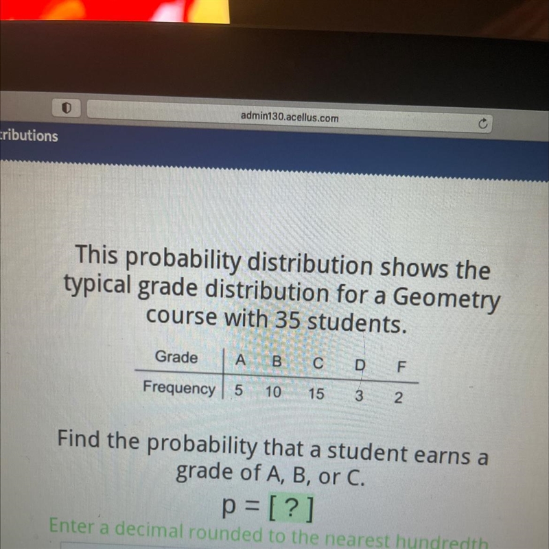 This probability distribution shows thetypical grade distribution for a Geometrycourse-example-1