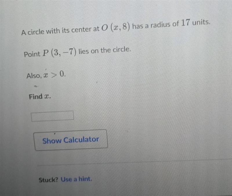 A circle with its center at 0 (2,8) has a radius of 17 units.-example-1