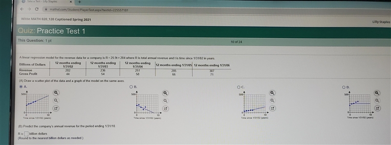 A linear regression model for the revenue data for a company is R=25.9t + 204 where-example-1