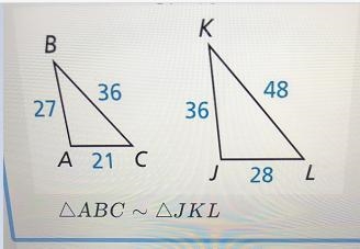 (a)Find the scale factor from △ABC to △JKL.Enter the scale factor as a simplified-example-1