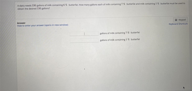 Gallons of milk containing 7% butterfat Gallons containing 1% butterfat-example-1