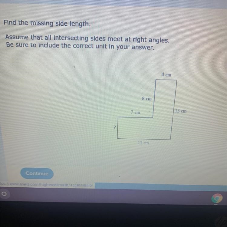 Find the missing side length.Assume that all intersecting sides meet at right angles-example-1