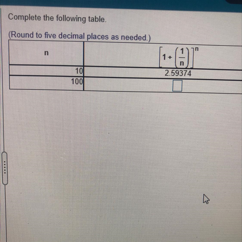 Complete the following table.(Round to five decimal places as needed.)[1+(1/n)]^n-example-1