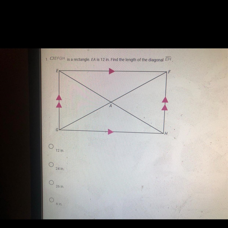 Efgh is a rectangle . EA is 12 inch. Find the length of the diagonal EH-example-1