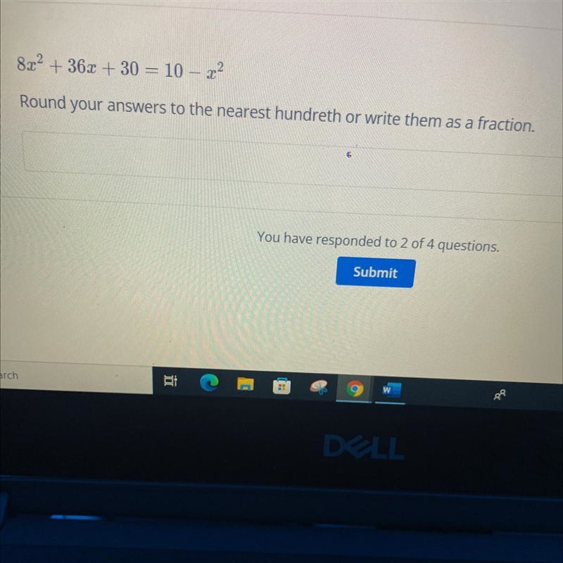 8x^2+36x+30=10-x^2Round your answer to the nearest hundreth or write them as a fraction-example-1