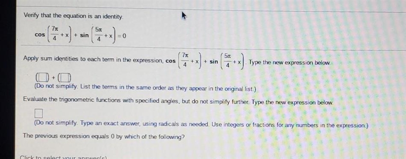 the previous expression equals 0 by which of the following ? a)sum identity for cosine-example-1